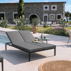 Lettino prendisole 2 posti con schienale reclinabile in alluminio antracite e cuscino grigio - Elitian