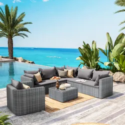 Set relax con divano angolare poltrona e tavolino da caffè in polyrattan grigio - Horizon