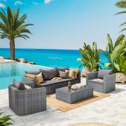 Set relax con divano 3 posti 2 poltrone e tavolino in polyrattan grigio con cuscini - Horizon