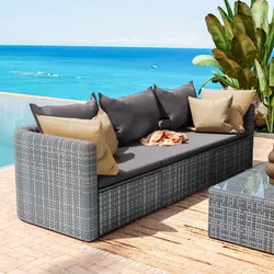 Divano da giardino 3 posti in polyrattan grigio con cuscini - Horizon