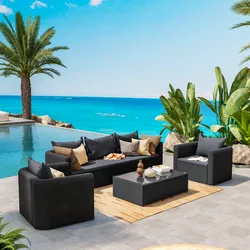 Set relax con divano 3 posti 2 poltrone e tavolino in polyrattan nero con cuscini - Horizon