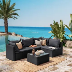 Set relax divano angolare con cuscini e tavolino da caffè in polyrattan nero - Horizon