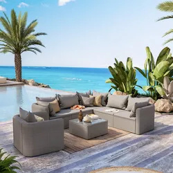 Set relax con divano angolare poltrona e tavolino da caffè in polyrattan tortora - Horizon