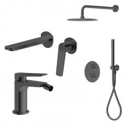 Set lavabo a muro e bidet con incasso doccia termostatico in ottone nero spazzolato - Nocta
