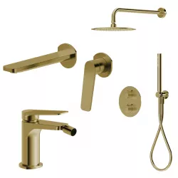 Set lavabo a muro e bidet con incasso doccia termostatico in ottone oro spazzolato - Nocta