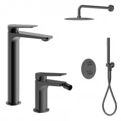 Set lavabo alto e bidet con incasso doccia termostatico in ottone nero spazzolato - Nocta