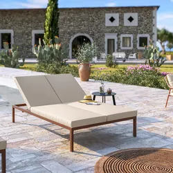 Lettino prendisole 2 posti con schienale reclinabile in alluminio effetto legno e cuscino beige - Elitian