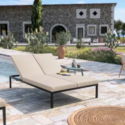 Lettino prendisole 2 posti con schienale reclinabile in alluminio antracite e cuscino beige - Elitian